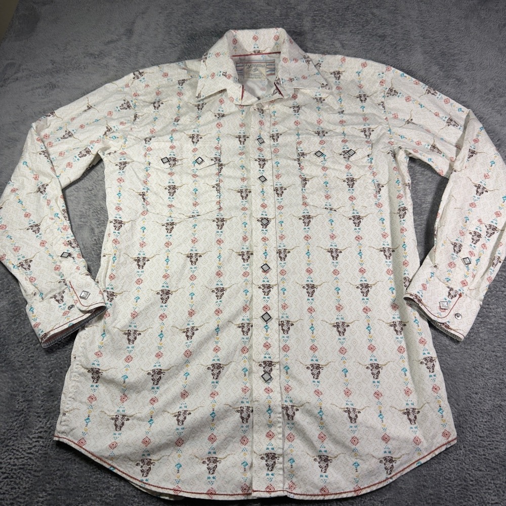 Panhandle Rough Stock Mens Small Western Snap Shirt Longhorn Skull Tribal Print